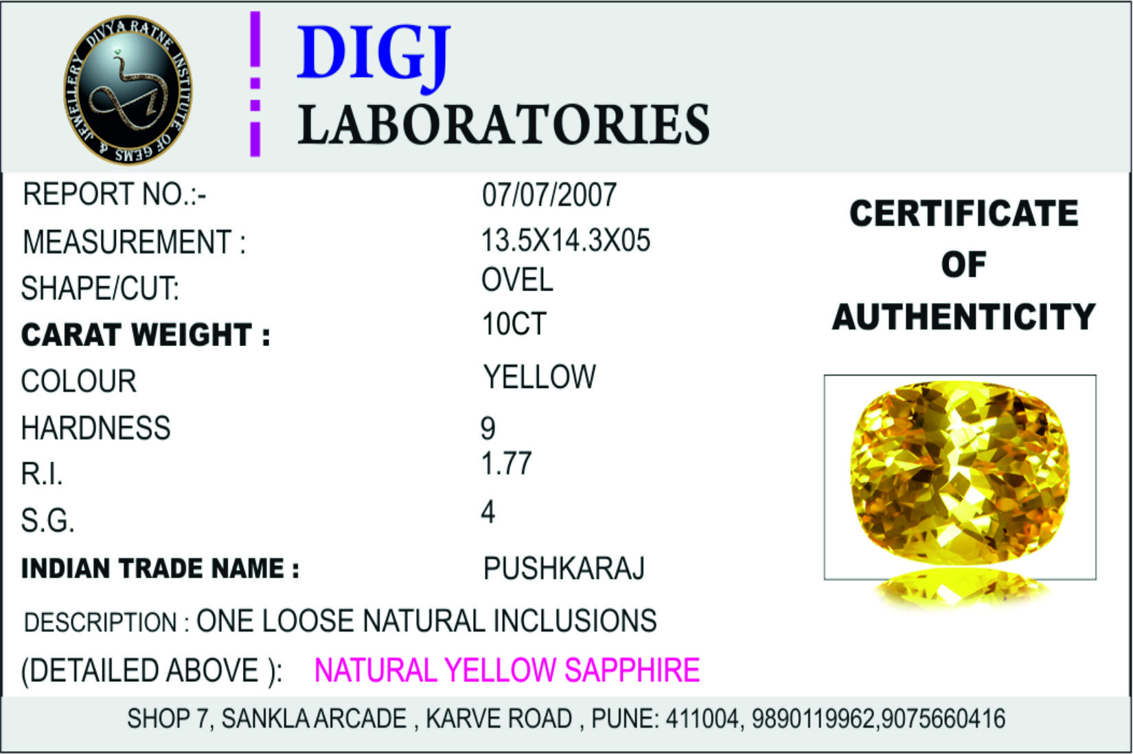 Sample Gemstone Certificate